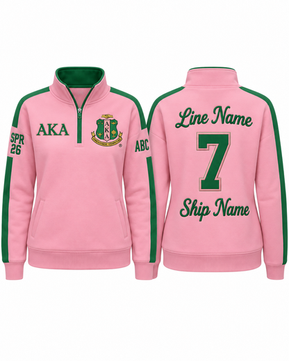 Front and back views of an Alpha Kappa Alpha pink and green custom quarter-zip