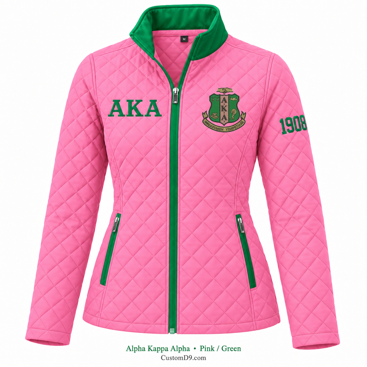 Alpha Kappa Alpha pink and green quilted jacket with crest, Greek letters, and 1908 sleeve embroidery