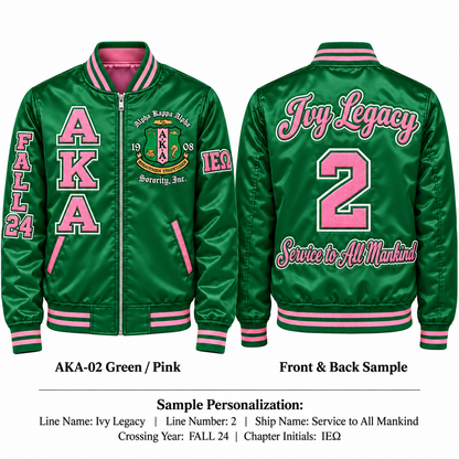 Green and pink Alpha Kappa Alpha satin bomber jacket shown front and back with sample line personalization