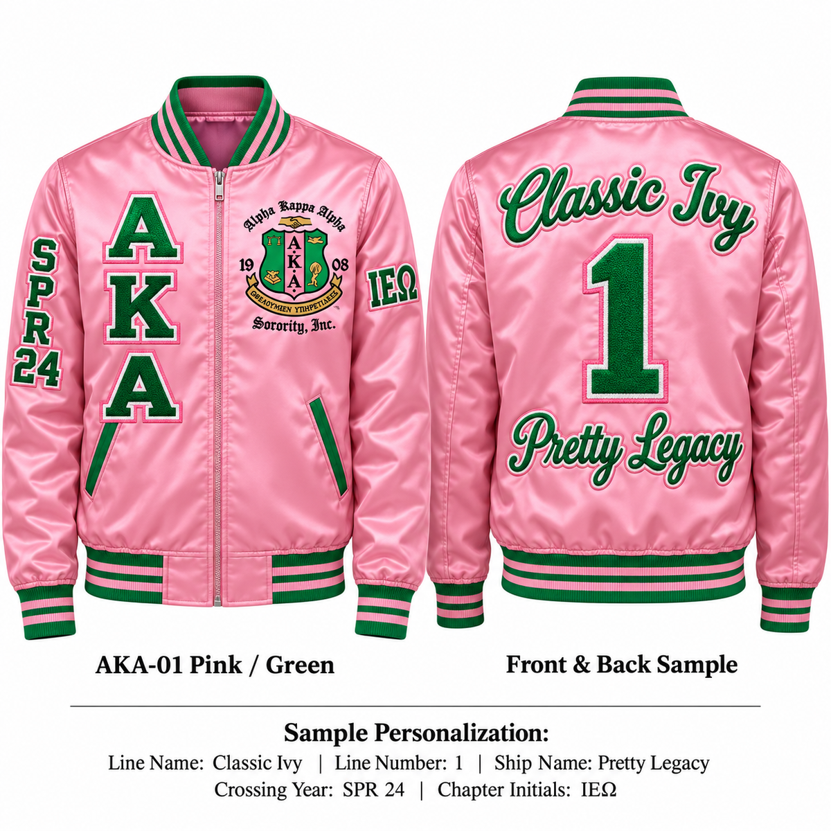 Pink and green Alpha Kappa Alpha satin bomber jacket shown front and back with sample line personalization
