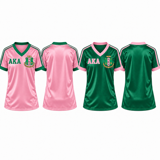 Alpha Kappa Alpha pink and green satin football jerseys in both colorways, shown from front and back