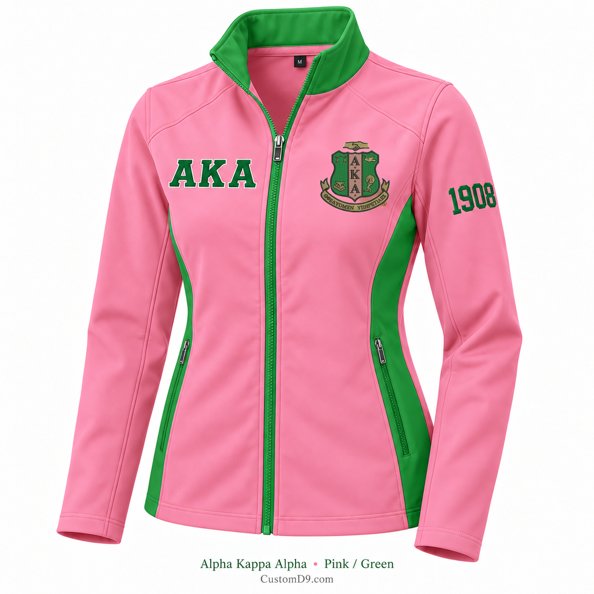 Alpha Kappa Alpha pink and green softshell jacket with crest, Greek letters, and 1908 sleeve embroidery