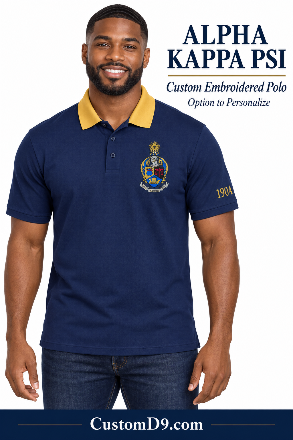 Male model wearing an Alpha Kappa Psi navy blue and gold custom embroidered polo