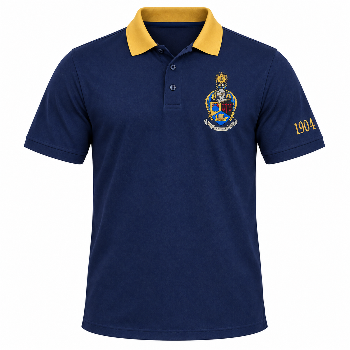 Alpha Kappa Psi navy blue polo with gold contrast collar, embroidered crest, and 1904 sleeve year
