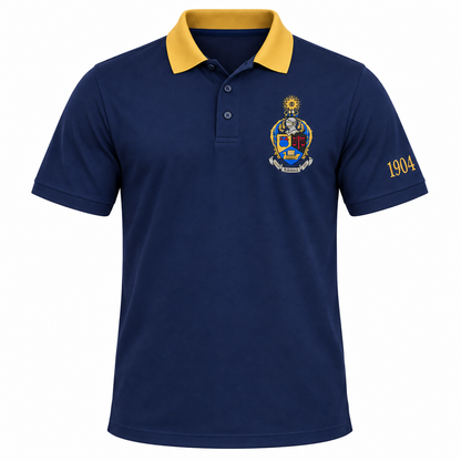 Alpha Kappa Psi navy blue polo with gold contrast collar, embroidered crest, and 1904 sleeve year