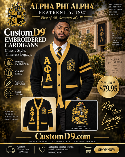 Alpha Phi Alpha black and gold embroidered cardigan poster Pirani9