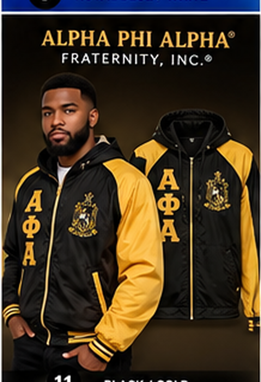 Alpha Phi Alpha black and gold embroidered windbreaker with Alpha Phi Alpha letters and crest