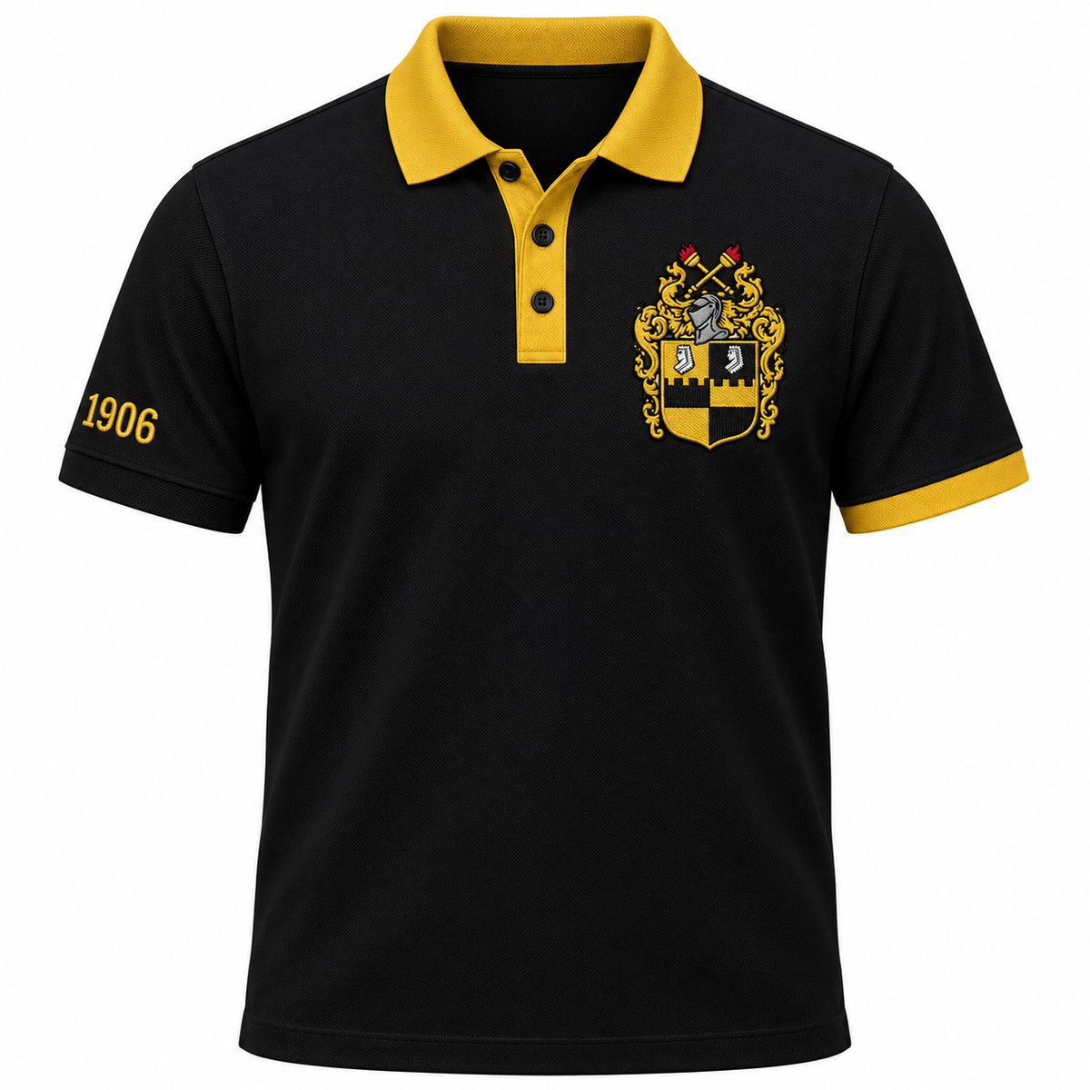 Alpha Phi Alpha black polo with old gold trim, crest, and 1906 sleeve embroidery