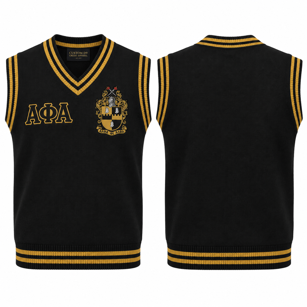 Alpha Phi Alpha black and old gold varsity sweater vest with crest and Greek letters, front and back views