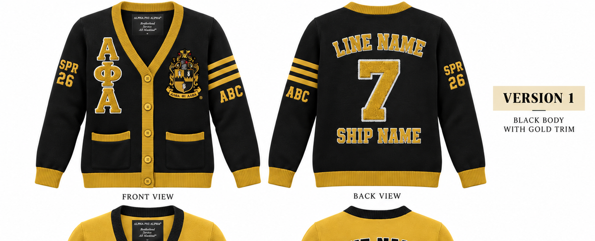 Alpha Phi Alpha black and gold cardigan shown front and back with sample line personalization