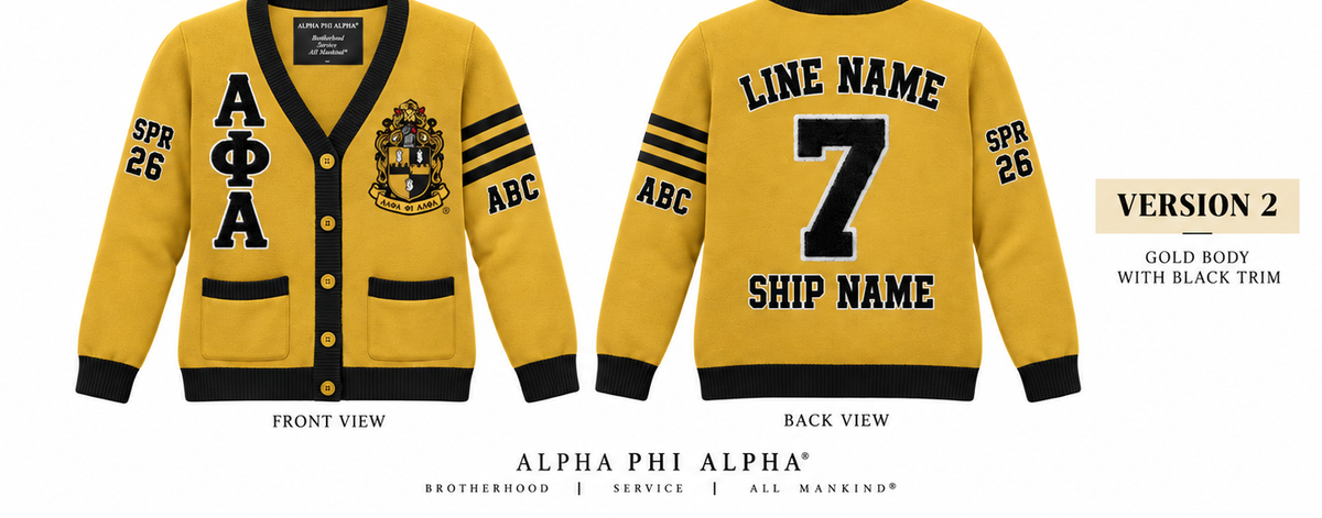 Alpha Phi Alpha gold and black cardigan shown front and back with sample line personalization
