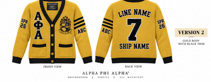 Alpha Phi Alpha gold and black cardigan shown front and back with sample line personalization