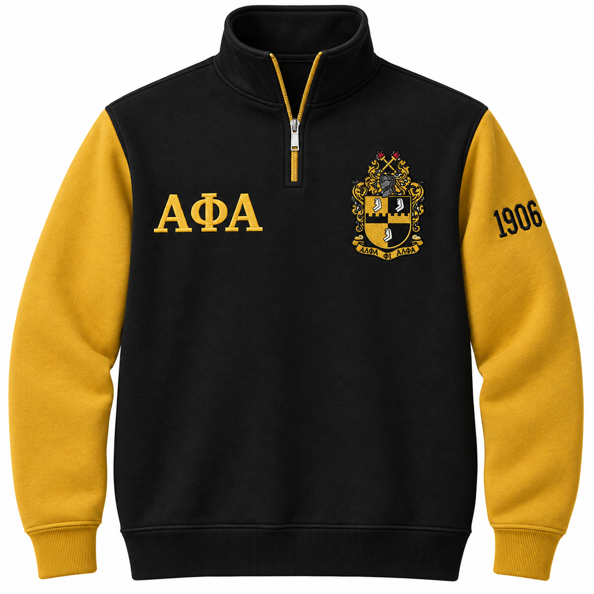 Alpha Phi Alpha black and old gold quarter-zip front with Greek letters, crest, and sleeve year