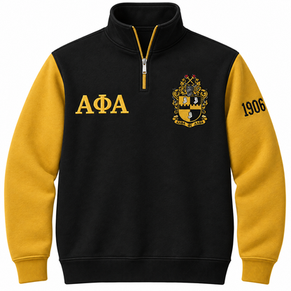 Alpha Phi Alpha black and old gold quarter-zip front with Greek letters, crest, and sleeve year