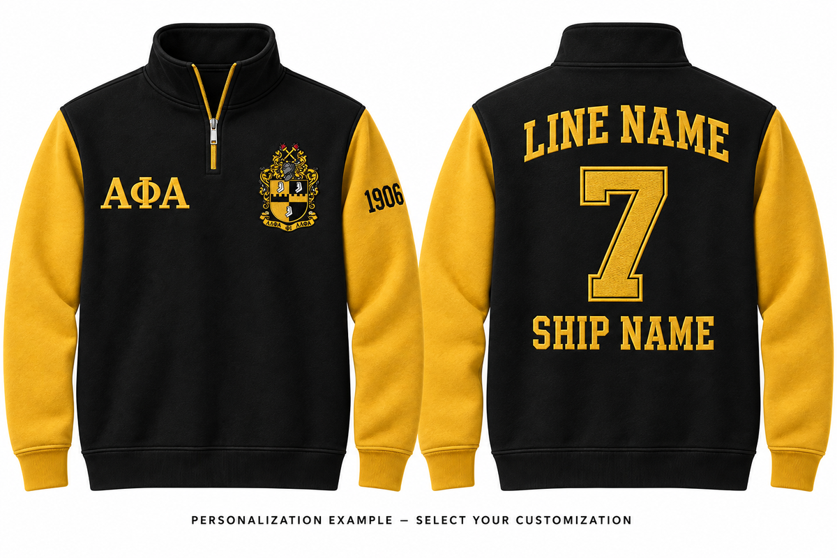 Alpha Phi Alpha black and old gold quarter-zip front and back personalization example