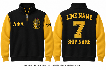 Alpha Phi Alpha black and old gold quarter-zip front and back personalization example