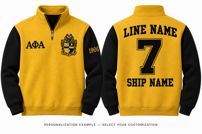 Alpha Phi Alpha old gold and black quarter-zip front and back personalization example