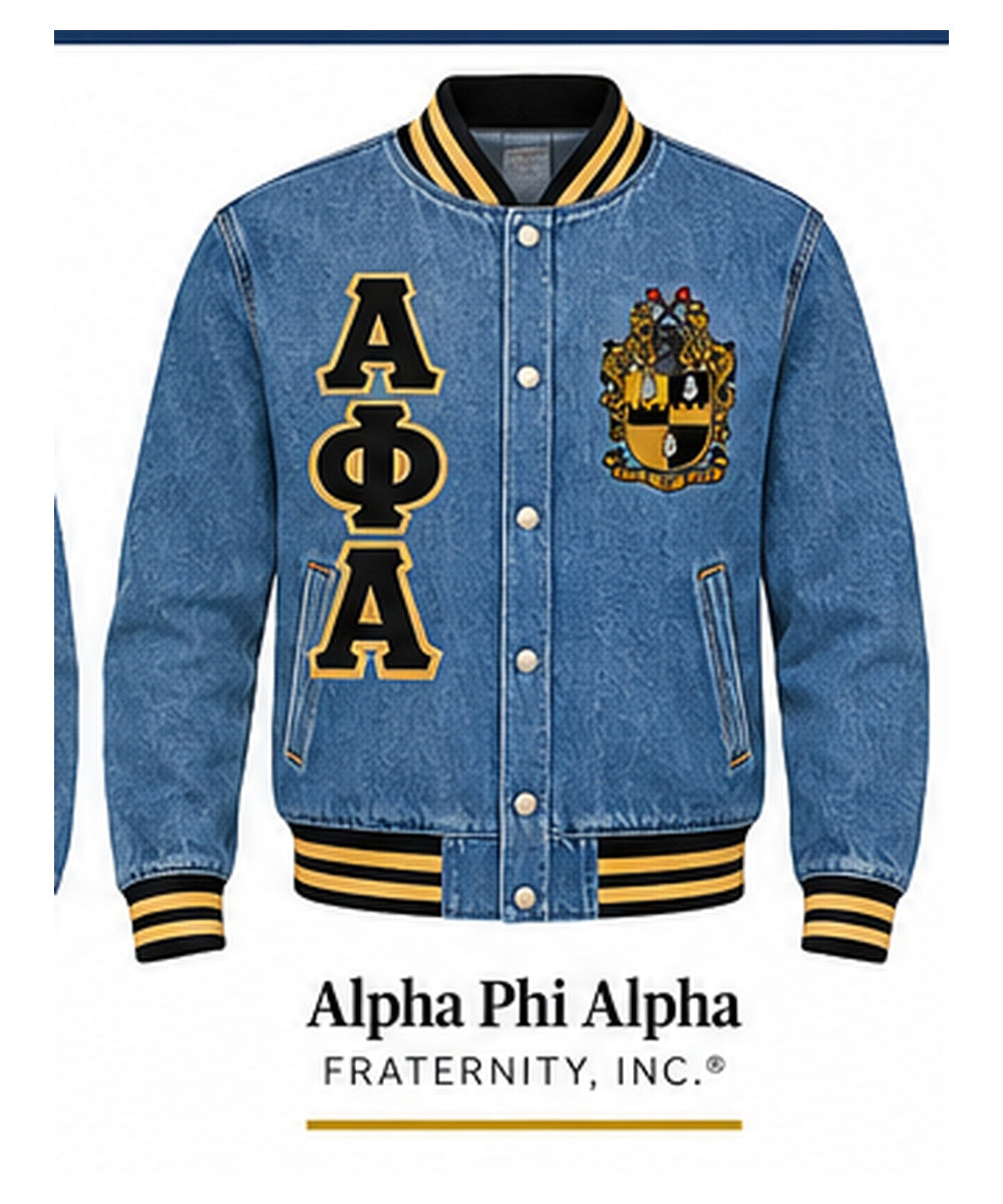 Medium-blue Alpha Phi Alpha full-denim varsity jacket with denim sleeves, black and gold trim, crest, and stacked Greek letters