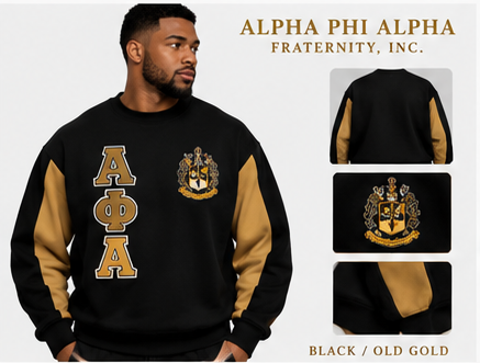 Black and old gold Alpha Phi Alpha heavyweight boxy crewneck shown with crest, stacked ΑΦΑ letters, blank back, and detail views