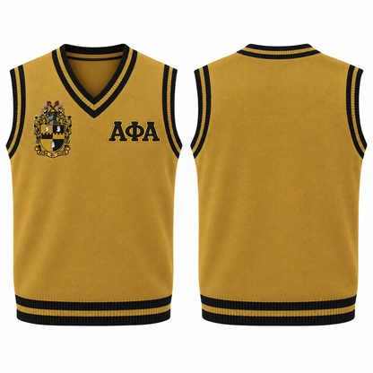 Alpha Phi Alpha old gold and black varsity sweater vest with crest and Greek letters, front and back views