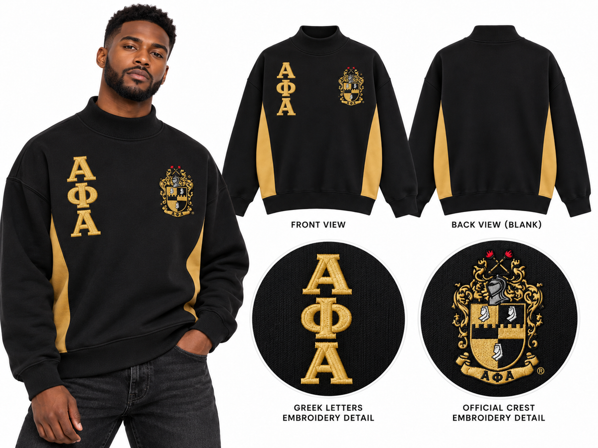 Front and back of black and old gold Alpha Phi Alpha oversized mock-neck sweatshirt with crest and stacked ΑΦΑ letters