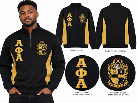 Black and old gold Alpha Phi Alpha quarter-zip pullover shown on a man with stacked Greek letters, crest, gold side panels, and blank back