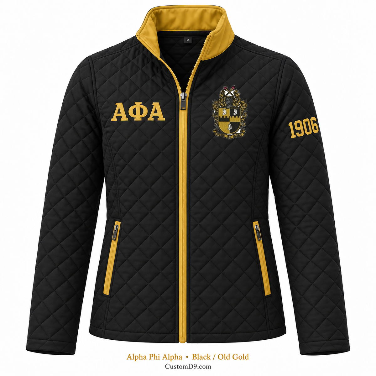 Alpha Phi Alpha black and old gold quilted jacket with crest, Greek letters, and 1906 sleeve embroidery