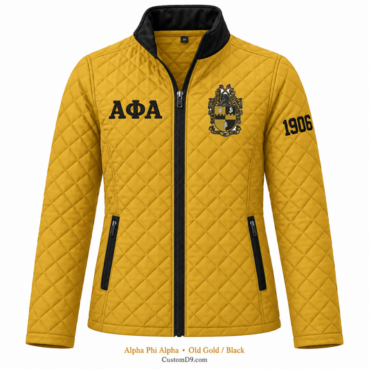 Alpha Phi Alpha old gold and black quilted jacket with crest, Greek letters, and 1906 sleeve embroidery