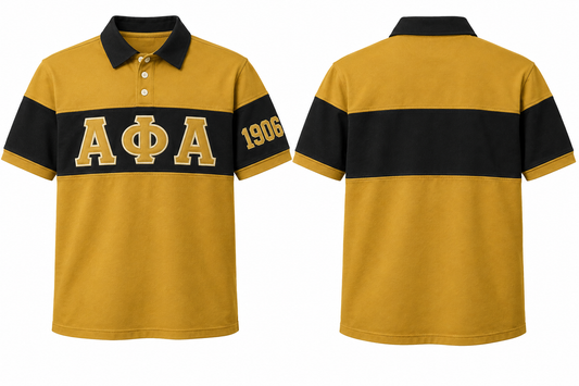 Alpha Phi Alpha old gold and black sewn-panel rugby polo front and back