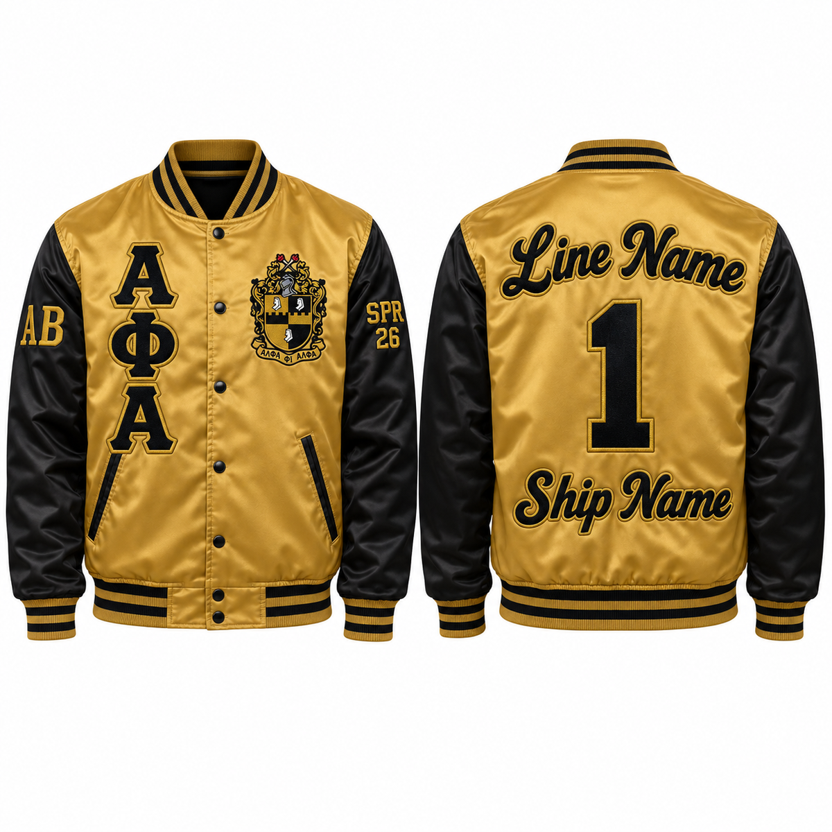 Gold and black Alpha Phi Alpha satin bomber jacket shown front and back with sample line personalization