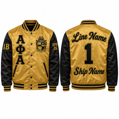Gold and black Alpha Phi Alpha satin bomber jacket shown front and back with sample line personalization
