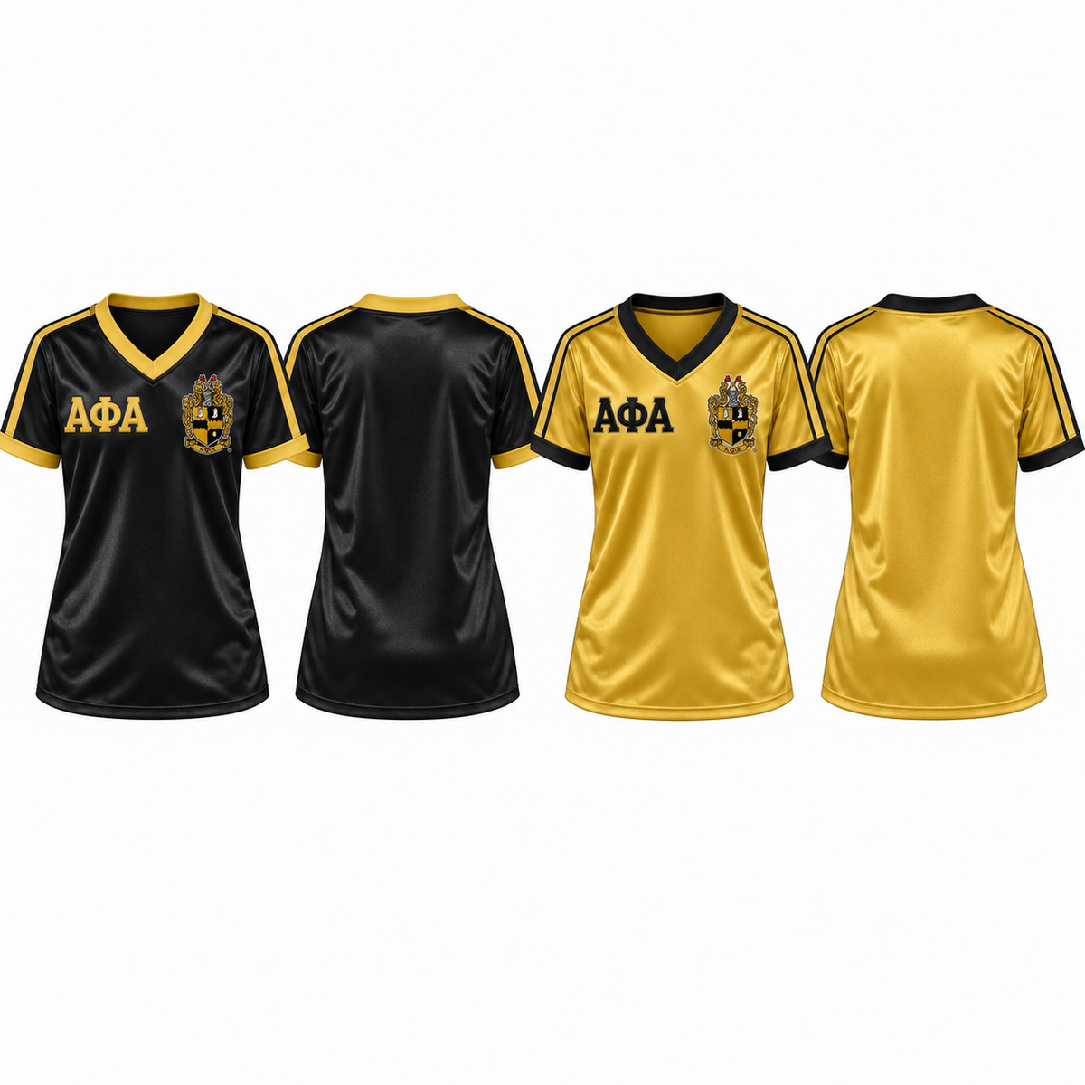 Alpha Phi Alpha black and old gold satin football jerseys in both colorways, shown from front and back