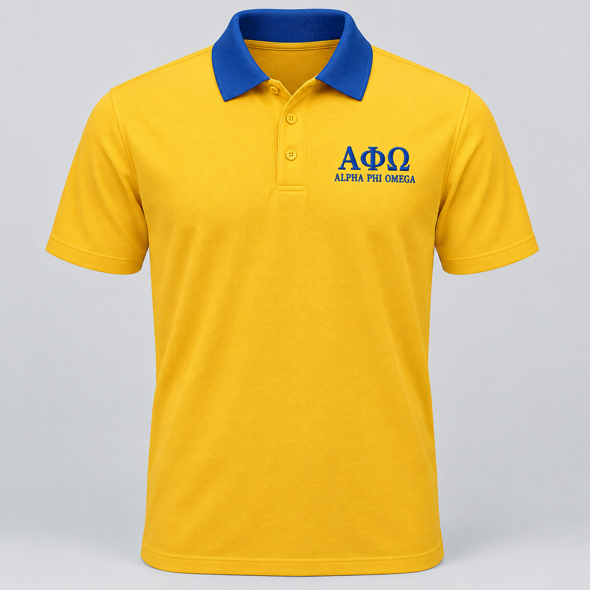 Alpha Phi Omega old glory gold polo with royal blue contrast collar and left-chest embroidery