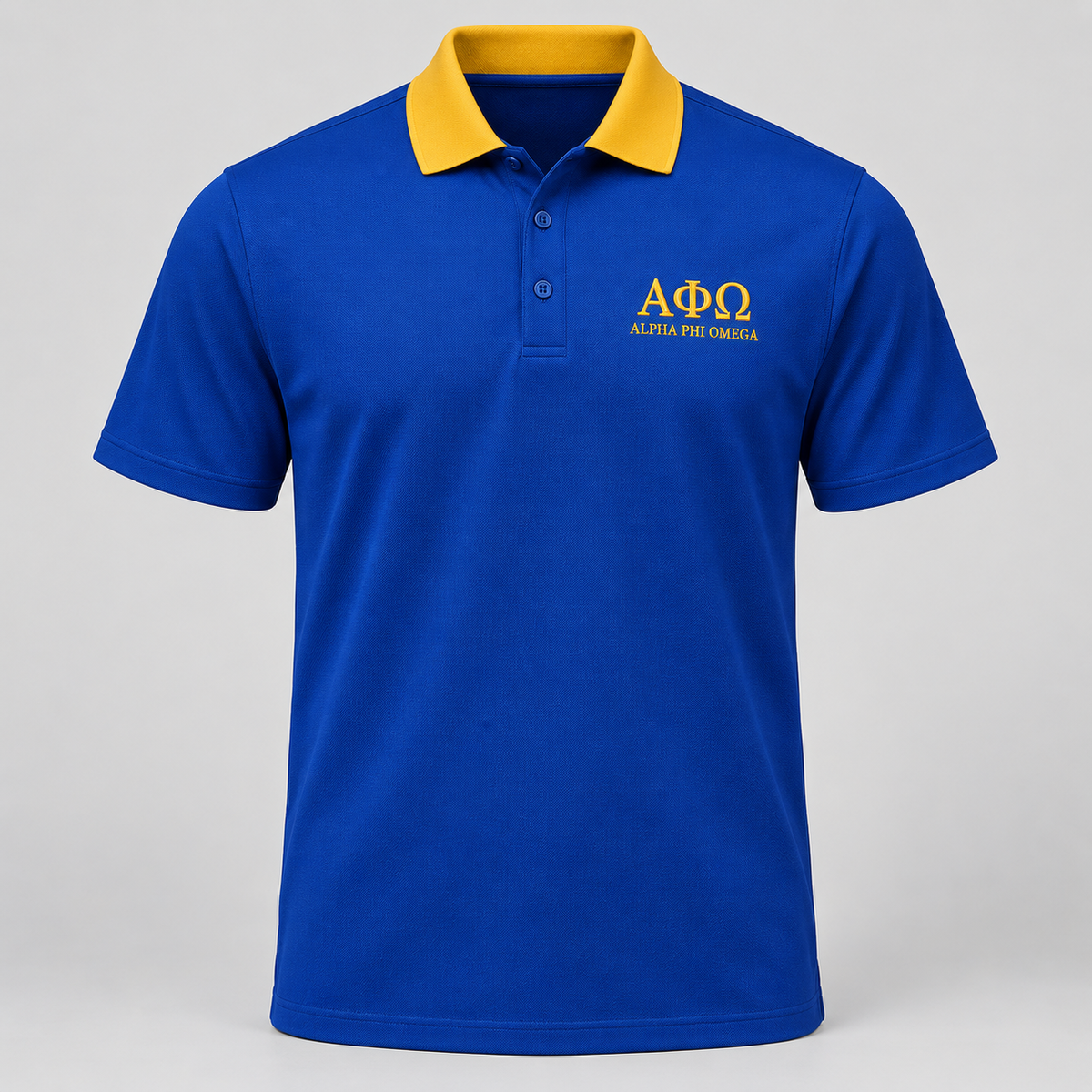 Alpha Phi Omega royal blue polo with old glory gold contrast collar and left-chest embroidery
