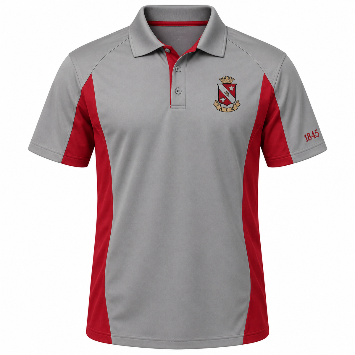 Alpha Sigma Phi stone gray and cardinal red panel polo with crest and 1845 sleeve embroidery