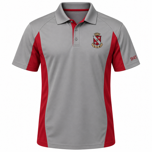 Alpha Sigma Phi stone gray and cardinal red panel polo with crest and 1845 sleeve embroidery