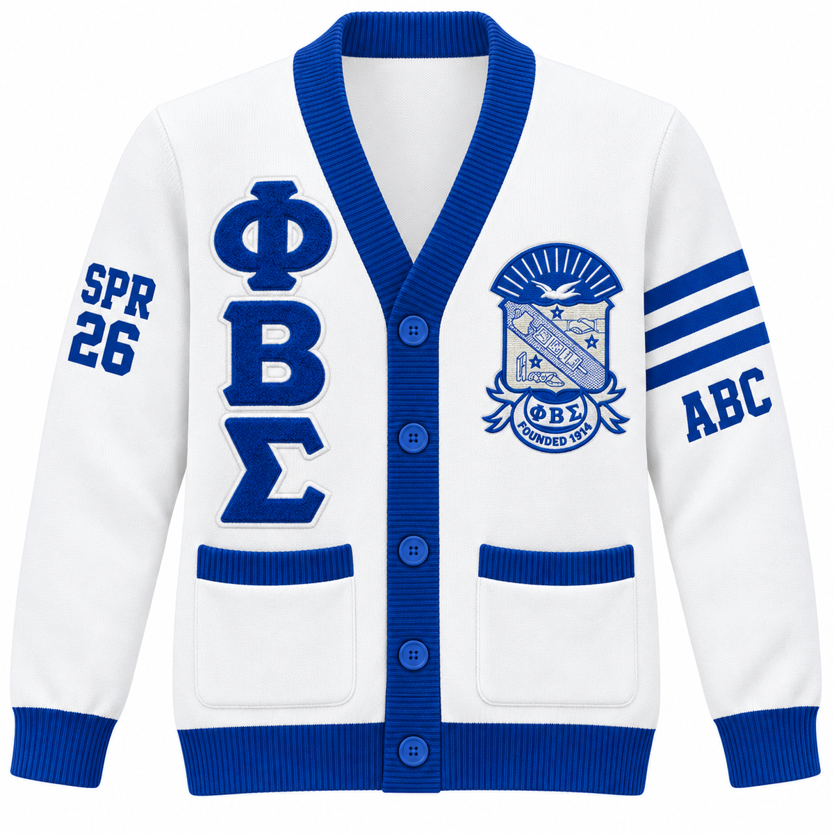 Phi Beta Sigma white and royal blue cardigan with crest, stacked letters and sleeve embroidery
