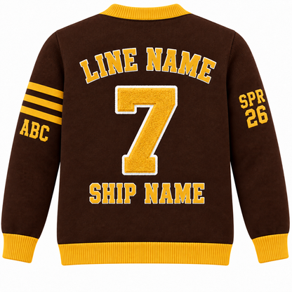 Iota Phi Theta brown and gold embroidered cardigan back with sample line name, number and ship name