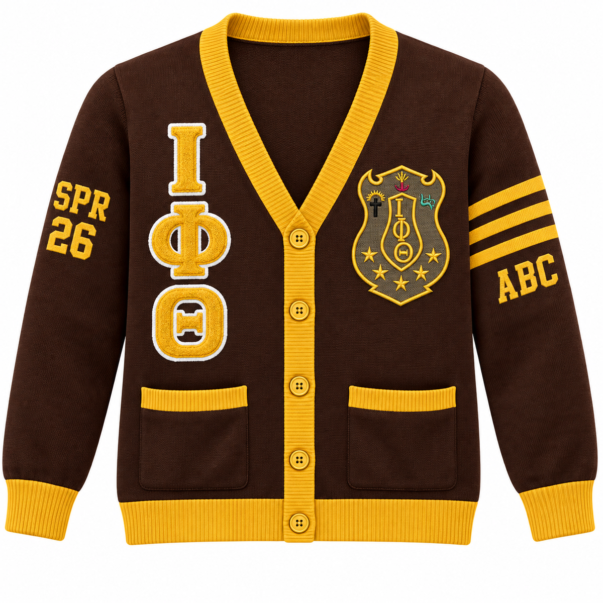 Iota Phi Theta brown and gold cardigan with crest, stacked letters and sleeve embroidery