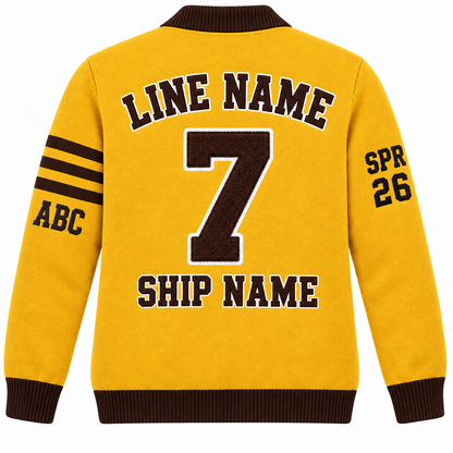 Iota Phi Theta gold and brown embroidered cardigan back with sample line name, number and ship name