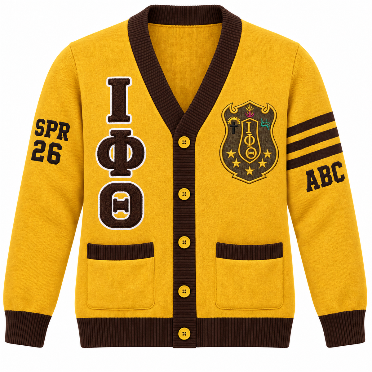 Iota Phi Theta gold and brown cardigan with crest, stacked letters and sleeve embroidery