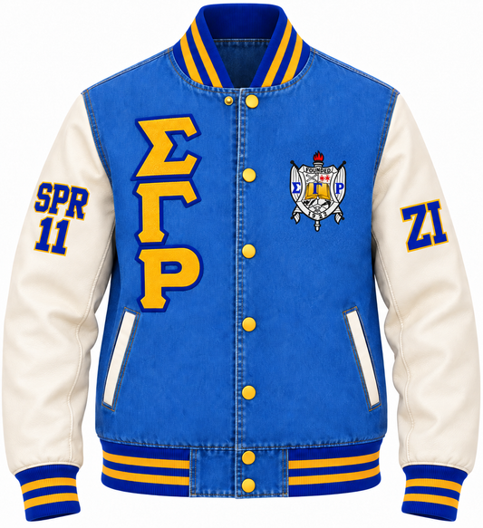 Sigma Gamma Rho blue denim varsity jacket with white sleeves and custom front and sleeve embroidery