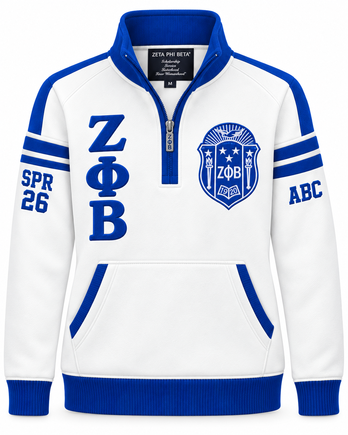 Zeta Phi Beta white and royal blue quarter-zip with crest, Greek letters, and sleeve embroidery