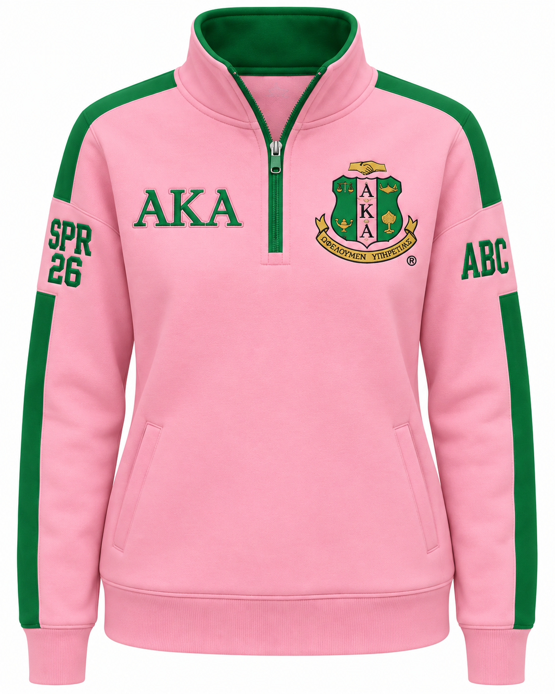 Alpha Kappa Alpha pink and green quarter-zip with crest, Greek letters, and sleeve embroidery