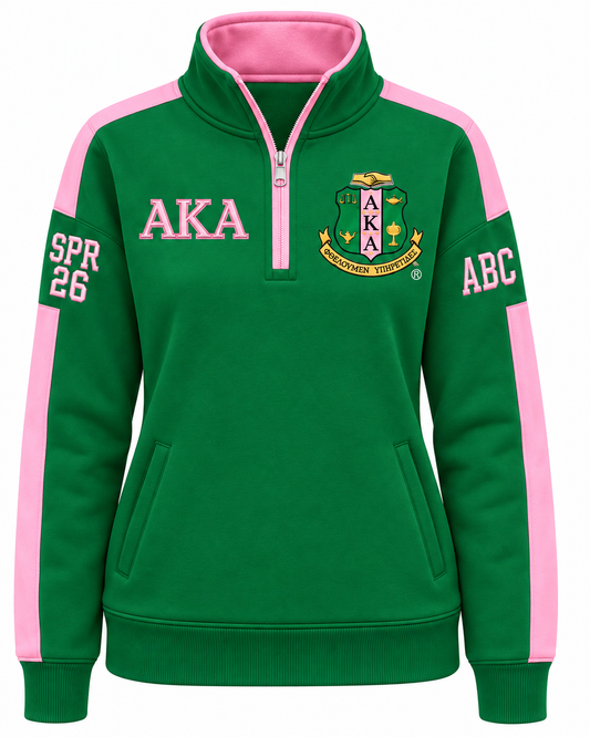 Alpha Kappa Alpha green and pink quarter-zip with crest, Greek letters, and sleeve embroidery