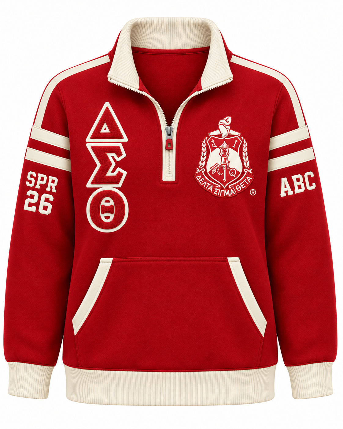 Delta Sigma Theta crimson and cream quarter-zip with crest, letters, and sleeve embroidery
