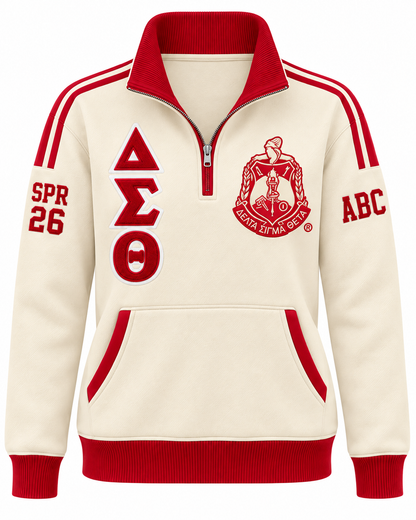 Delta Sigma Theta cream and crimson quarter-zip with crest, Greek letters, and sleeve embroidery