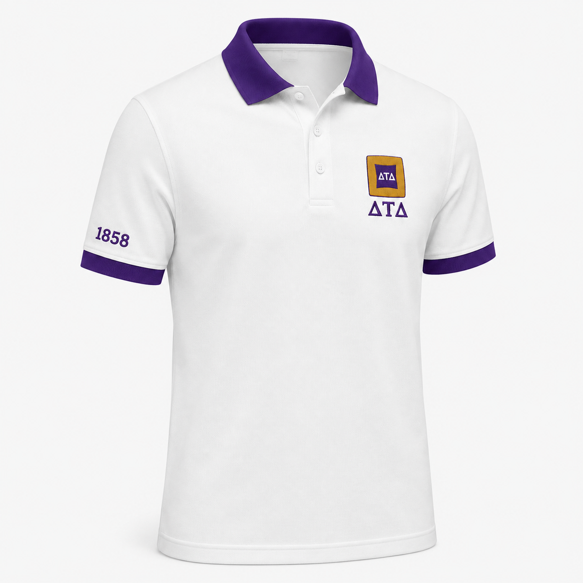 2 Tone White & Royal Purple Delta Tau Delta Embroidered Polo Shirt – Personalized Fraternity Polo - product image 3