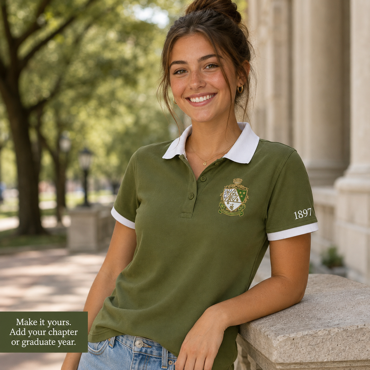 2 Tone Olive Green & Pearl White Kappa Delta Embroidered Polo Shirt – Personalized Sorority Polo - product image 3