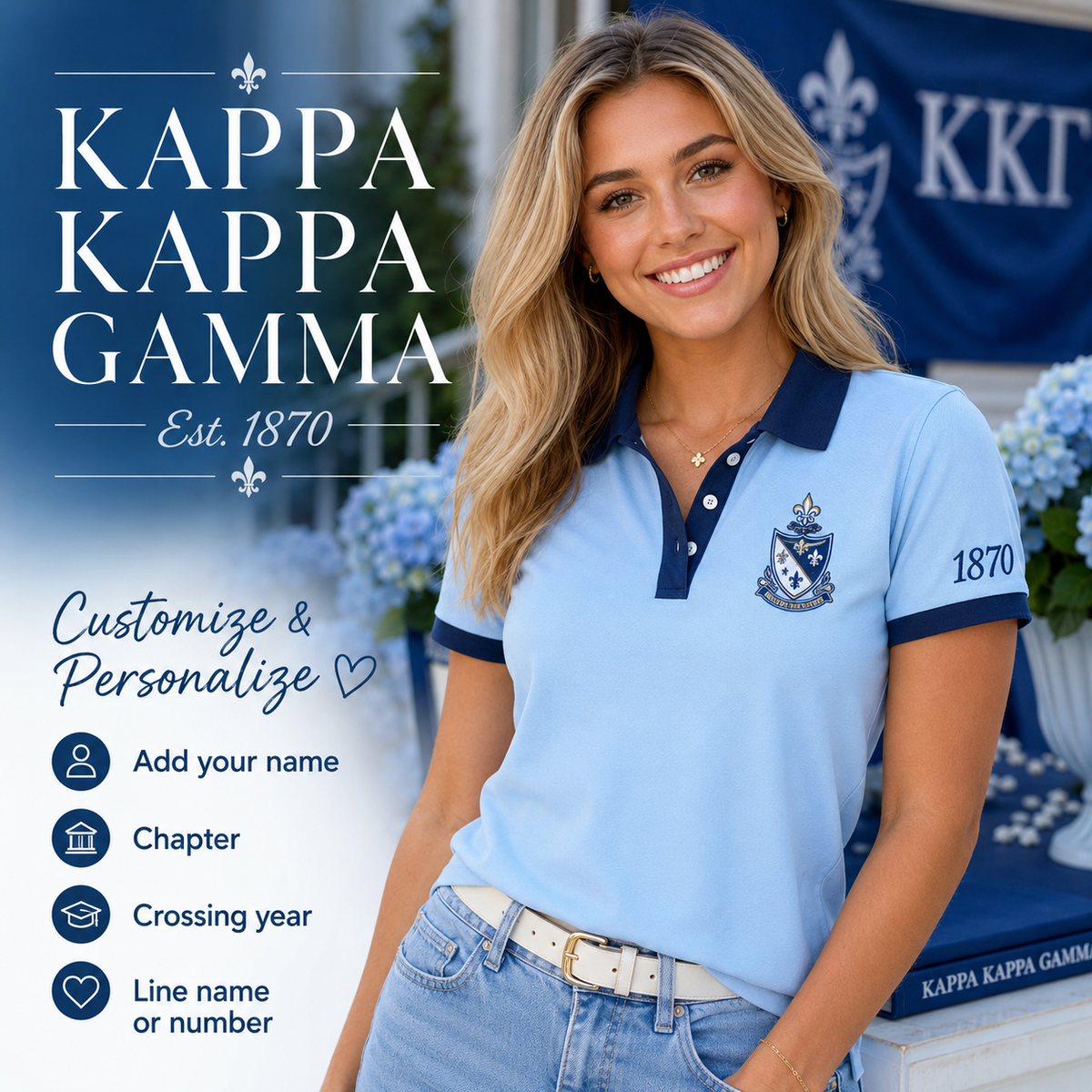 2 Tone Light Blue & Dark Blue Kappa Kappa Gamma Embroidered Polo Shirt – Personalized Sorority Polo - product image 1